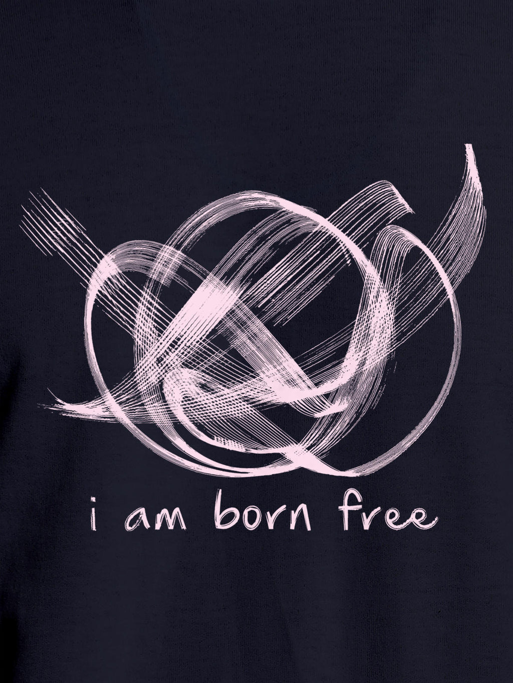 Close up of 'Born Free' design on Women's Navy Blue Round Neck T-shirt, highlighting intricate details and vibrant print.