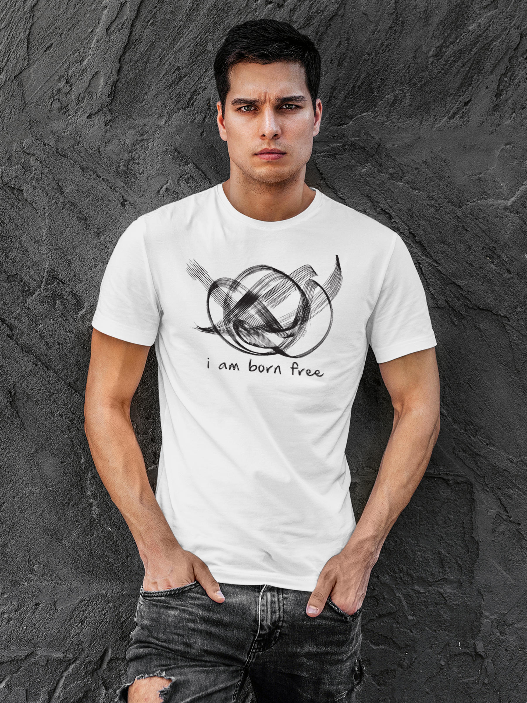 Model wearing Men's White Round Neck T-shirt with 'Born Free' design, offering effortless style and premium comfort