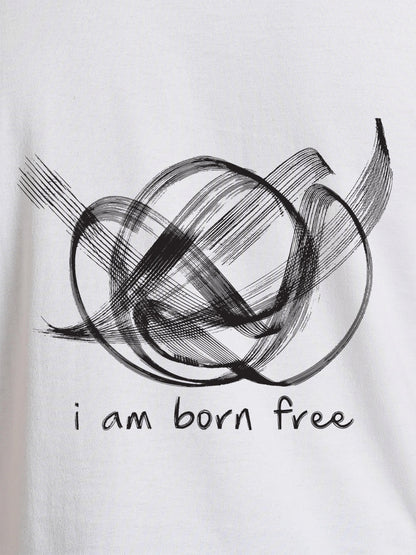 Close up of 'Born Free' design on Men's White Round Neck T-shirt, highlighting intricate details and vibrant print.