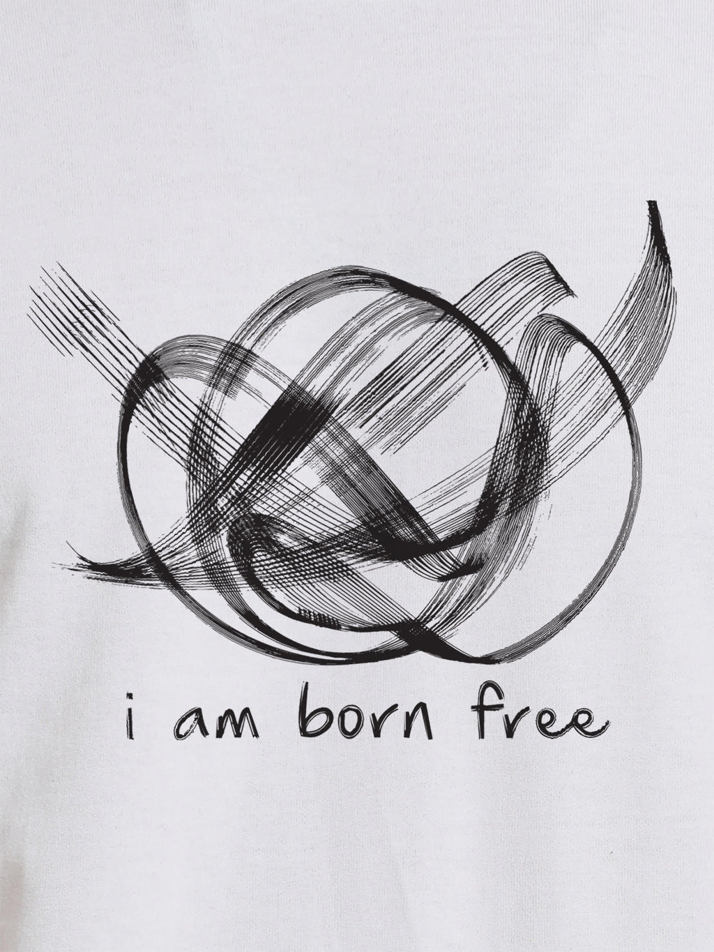 Close up of 'Born Free' design on Women's White Round Neck T-shirt, highlighting intricate details and vibrant print.