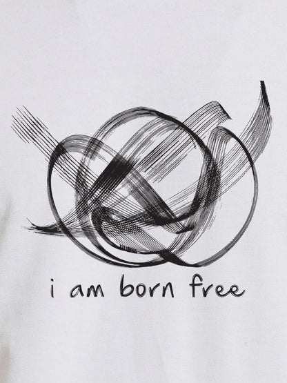Close up of 'Born Free' design on Women's White Round Neck T-shirt, highlighting intricate details and vibrant print.