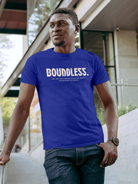 Model wearing Men's Blue Round Neck T-shirt with 'Boundless' design, offering effortless style and premium comfort