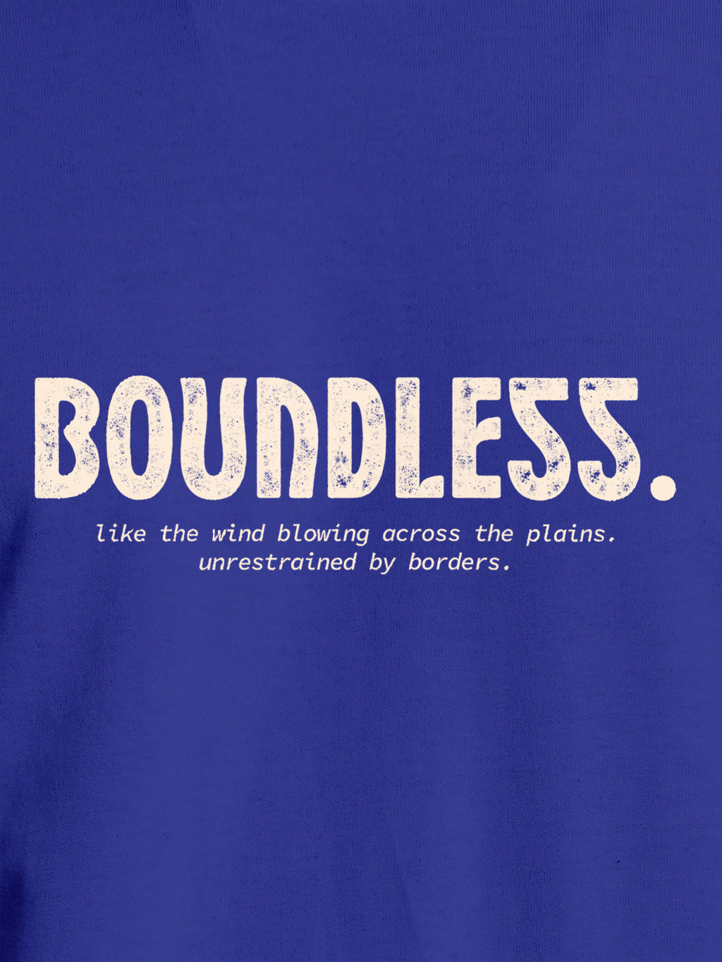 Close up of 'Boundless' design on Men's Blue Round Neck T-shirt, highlighting intricate details and vibrant print.