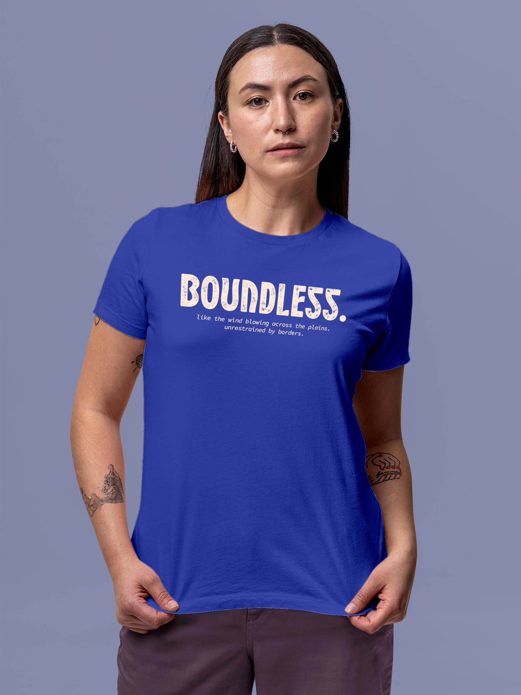Model wearing Women's Blue Round Neck T-shirt with 'Boundless' design, offering effortless style and premium comfort