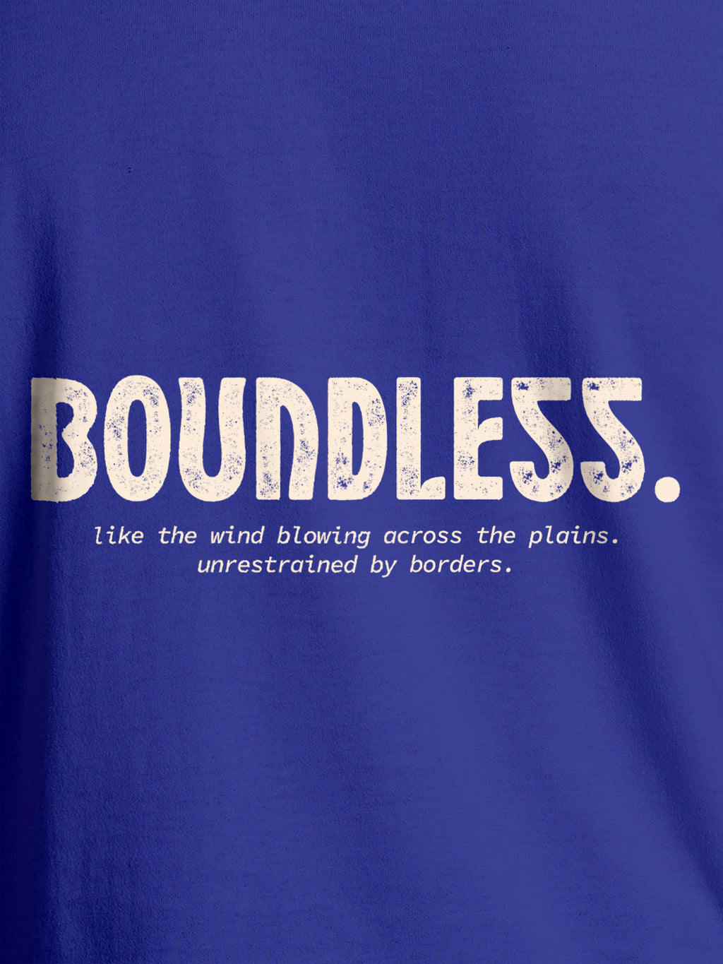 Close up of 'Boundless' design on Women's Blue Round Neck T-shirt, highlighting intricate details and vibrant print.
