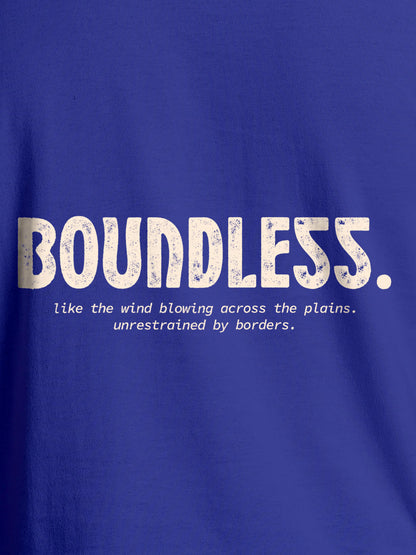 Close up of 'Boundless' design on Women's Blue Round Neck T-shirt, highlighting intricate details and vibrant print.