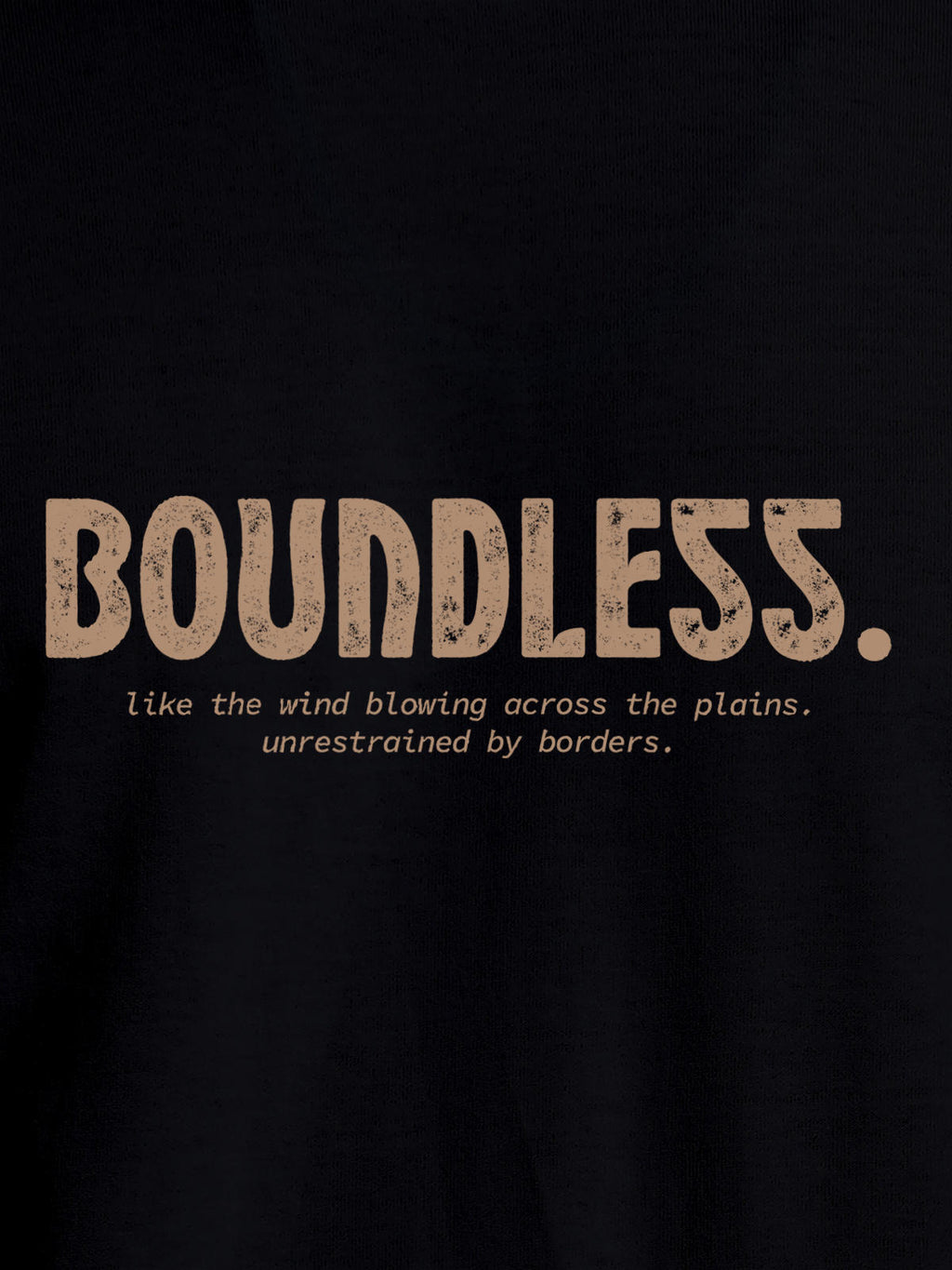 Close up of 'Boundless' design on Men's Black Round Neck T-shirt, highlighting intricate details and vibrant print.