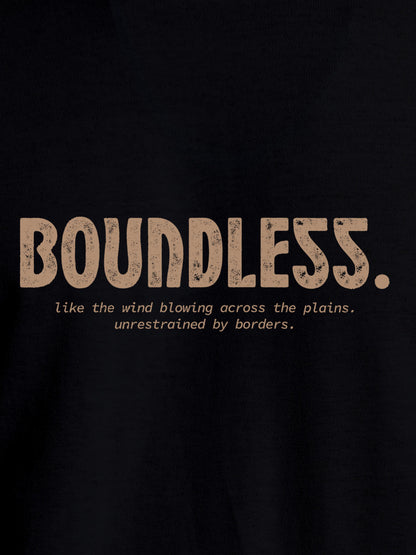 Close up of 'Boundless' design on Men's Black Round Neck T-shirt, highlighting intricate details and vibrant print.