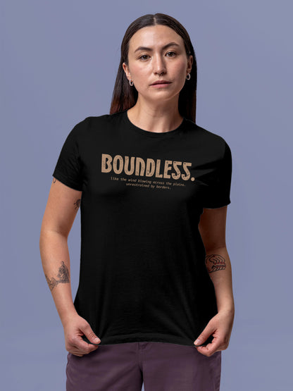Model wearing Women's Black Round Neck T-shirt with 'Boundless' design, offering effortless style and premium comfort