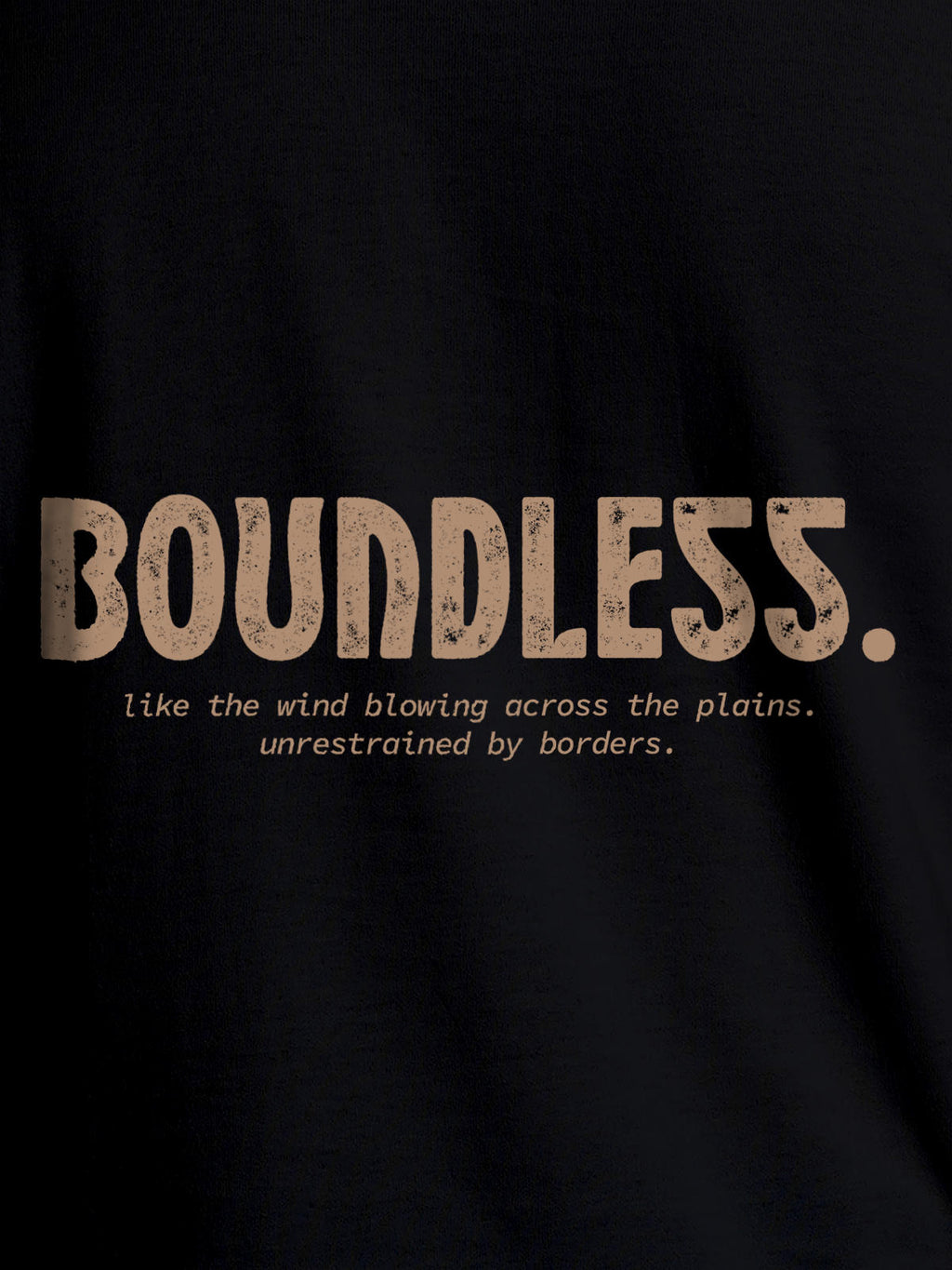 Close up of 'Boundless' design on Women's Black Round Neck T-shirt, highlighting intricate details and vibrant print.