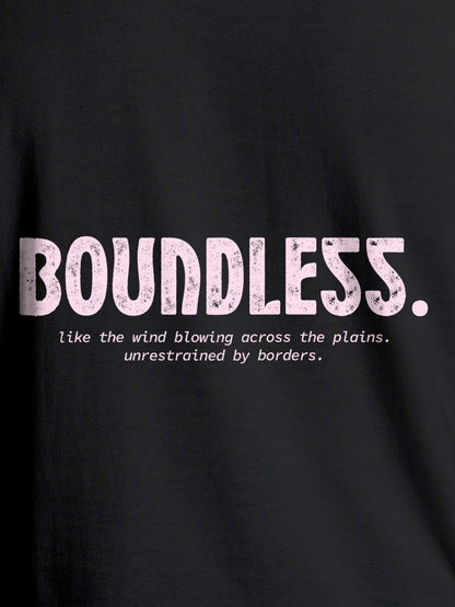 Close up of 'Boundless' design on Women's Dark Grey Round Neck T-shirt, highlighting intricate details and vibrant print.