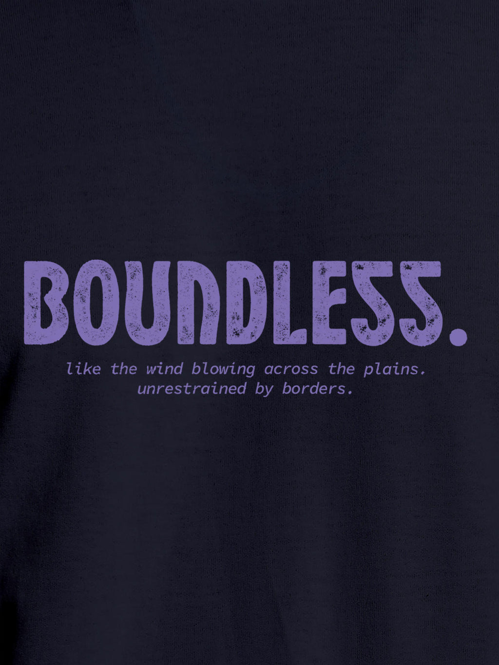 Close up of 'Boundless' design on Men's Navy Blue Round Neck T-shirt, highlighting intricate details and vibrant print.