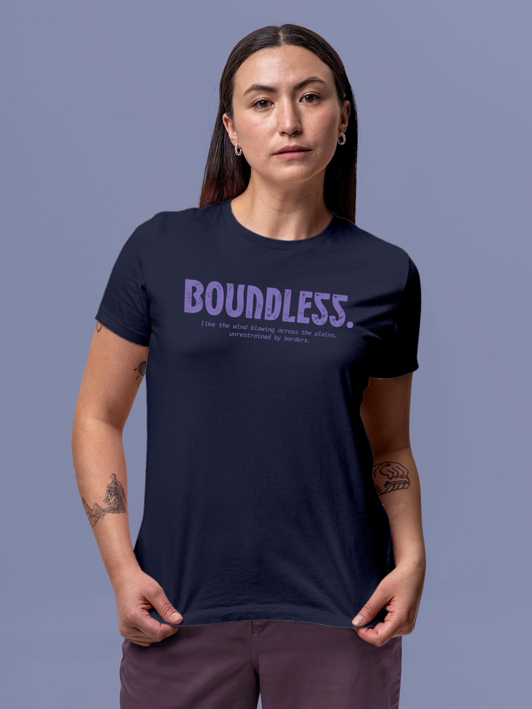 Model wearing Women's Navy Blue Round Neck T-shirt with 'Boundless' design, offering effortless style and premium comfort