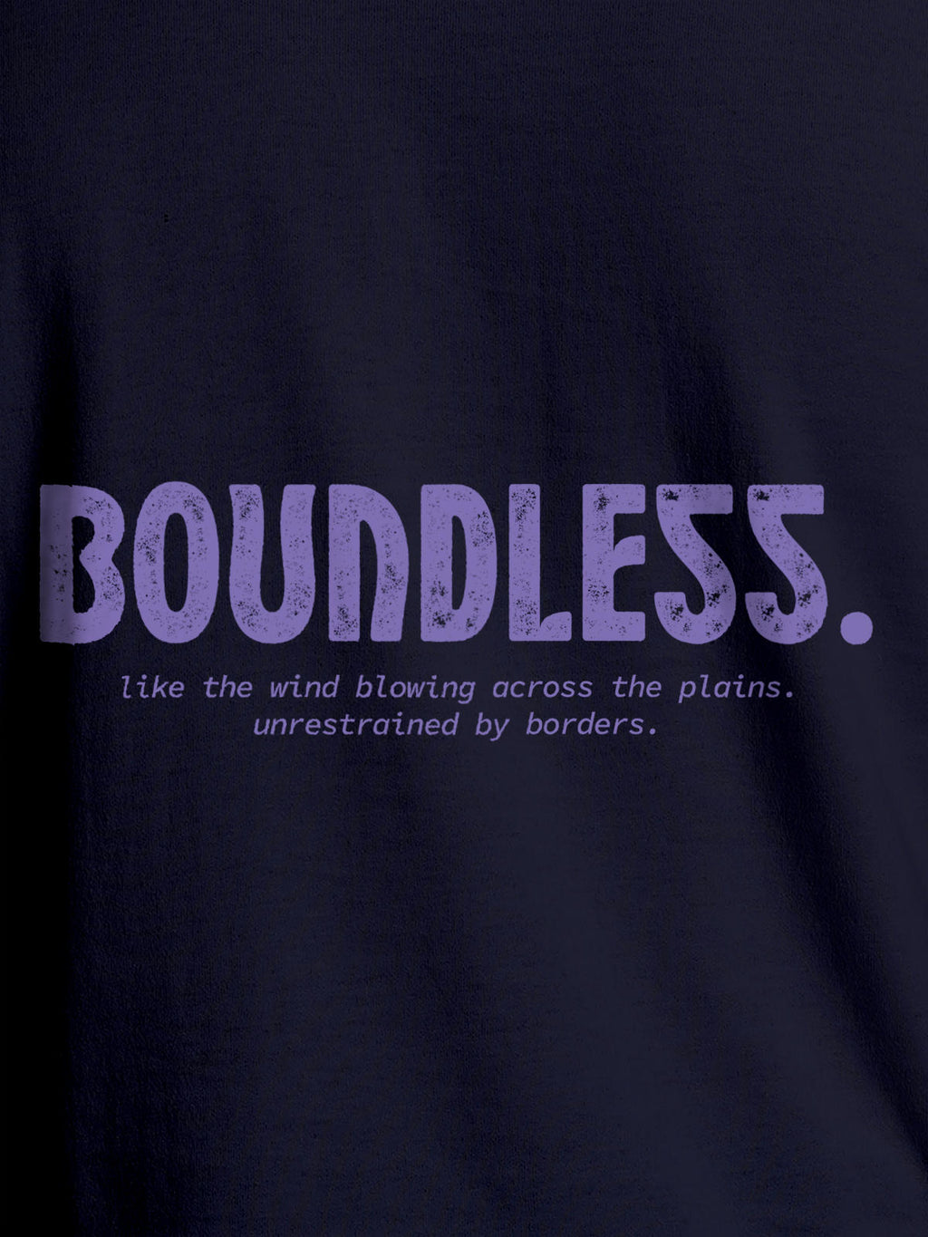 Close up of 'Boundless' design on Women's Navy Blue Round Neck T-shirt, highlighting intricate details and vibrant print.