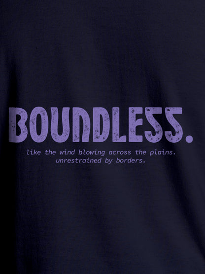 Close up of 'Boundless' design on Women's Navy Blue Round Neck T-shirt, highlighting intricate details and vibrant print.