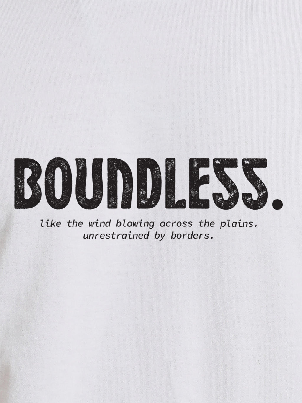Close up of 'Boundless' design on Men's White Round Neck T-shirt, highlighting intricate details and vibrant print.