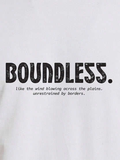 Close up of 'Boundless' design on Men's White Round Neck T-shirt, highlighting intricate details and vibrant print.