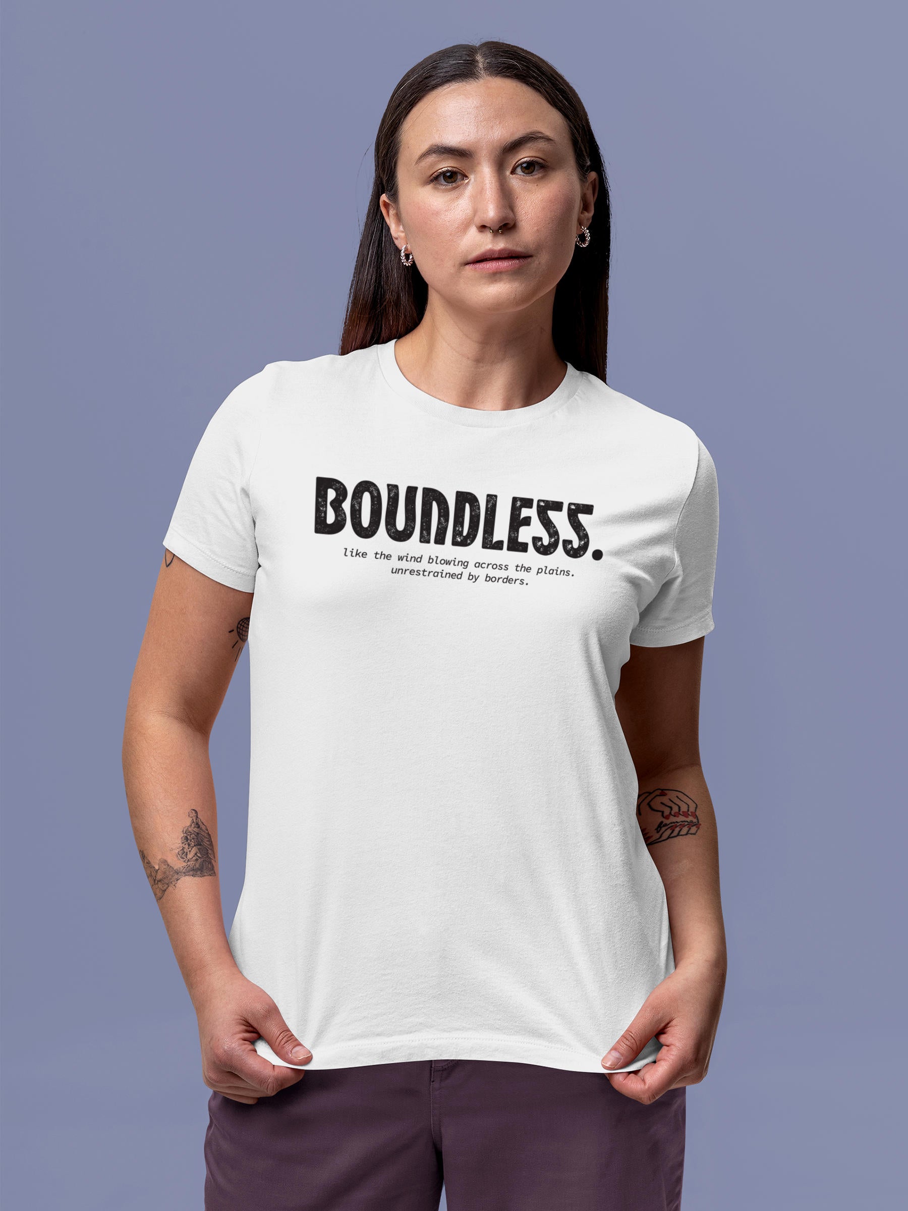 Model wearing Women's White Round Neck T-shirt with 'Boundless' design, offering effortless style and premium comfort