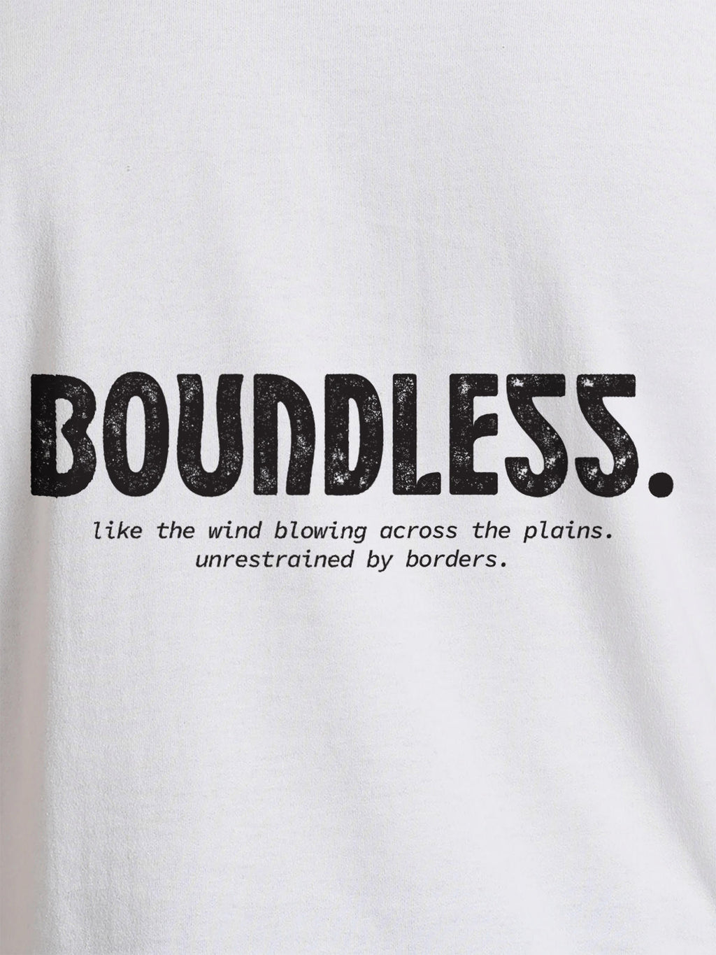 Close up of 'Boundless' design on Women's White Round Neck T-shirt, highlighting intricate details and vibrant print.