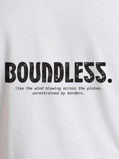 Close up of 'Boundless' design on Women's White Round Neck T-shirt, highlighting intricate details and vibrant print.