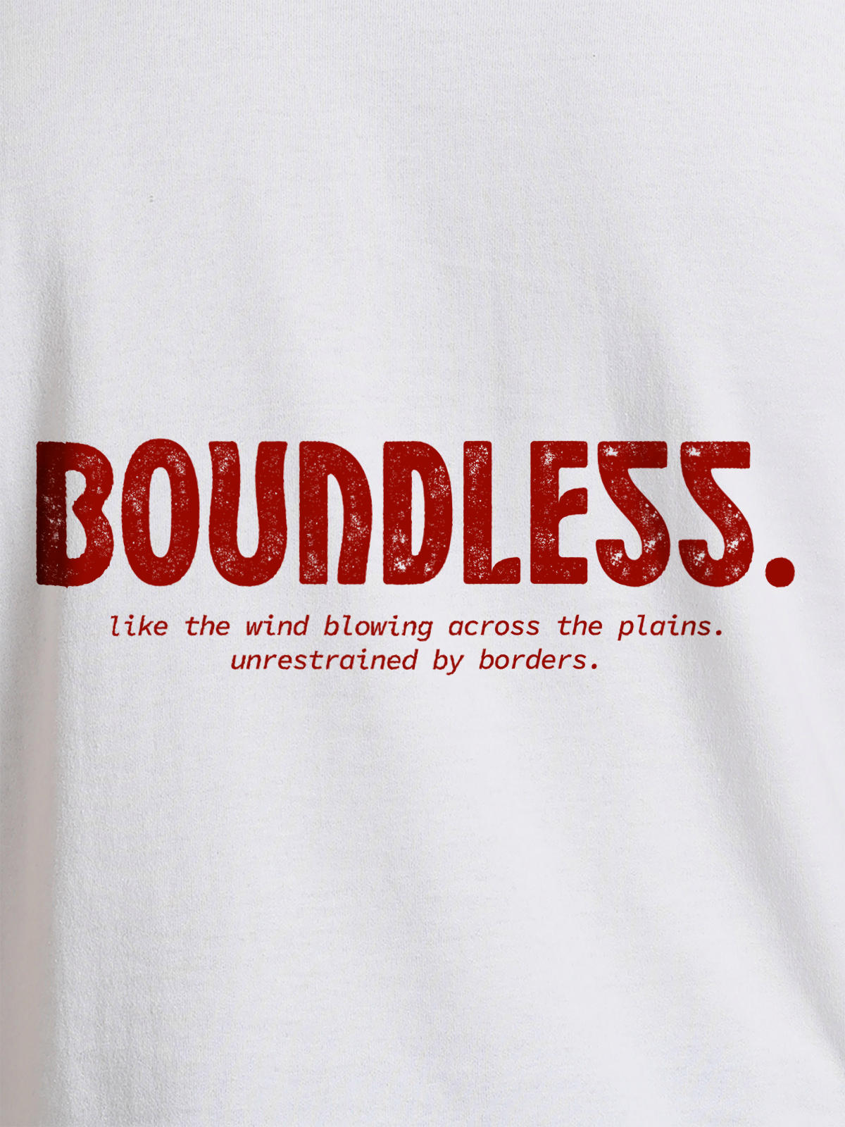 Close up of 'Boundless' design on Women's White Round Neck T-shirt, highlighting intricate details and vibrant print.