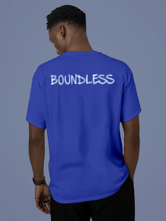 Fighterhero T-shirts: Model wearing Men's Blue Round Neck T-shirt with 'Boundless' design