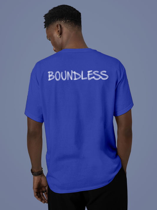 Model wearing Men's Blue Round Neck T-shirt with 'Boundless' design, offering effortless style and premium comfort
