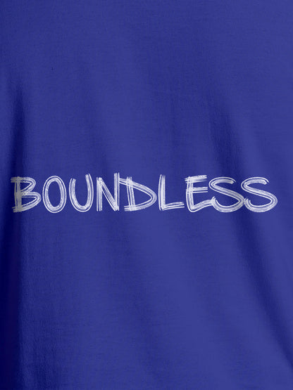 Close up of 'Boundless' design on Men's Blue Round Neck T-shirt, highlighting intricate details and vibrant print.