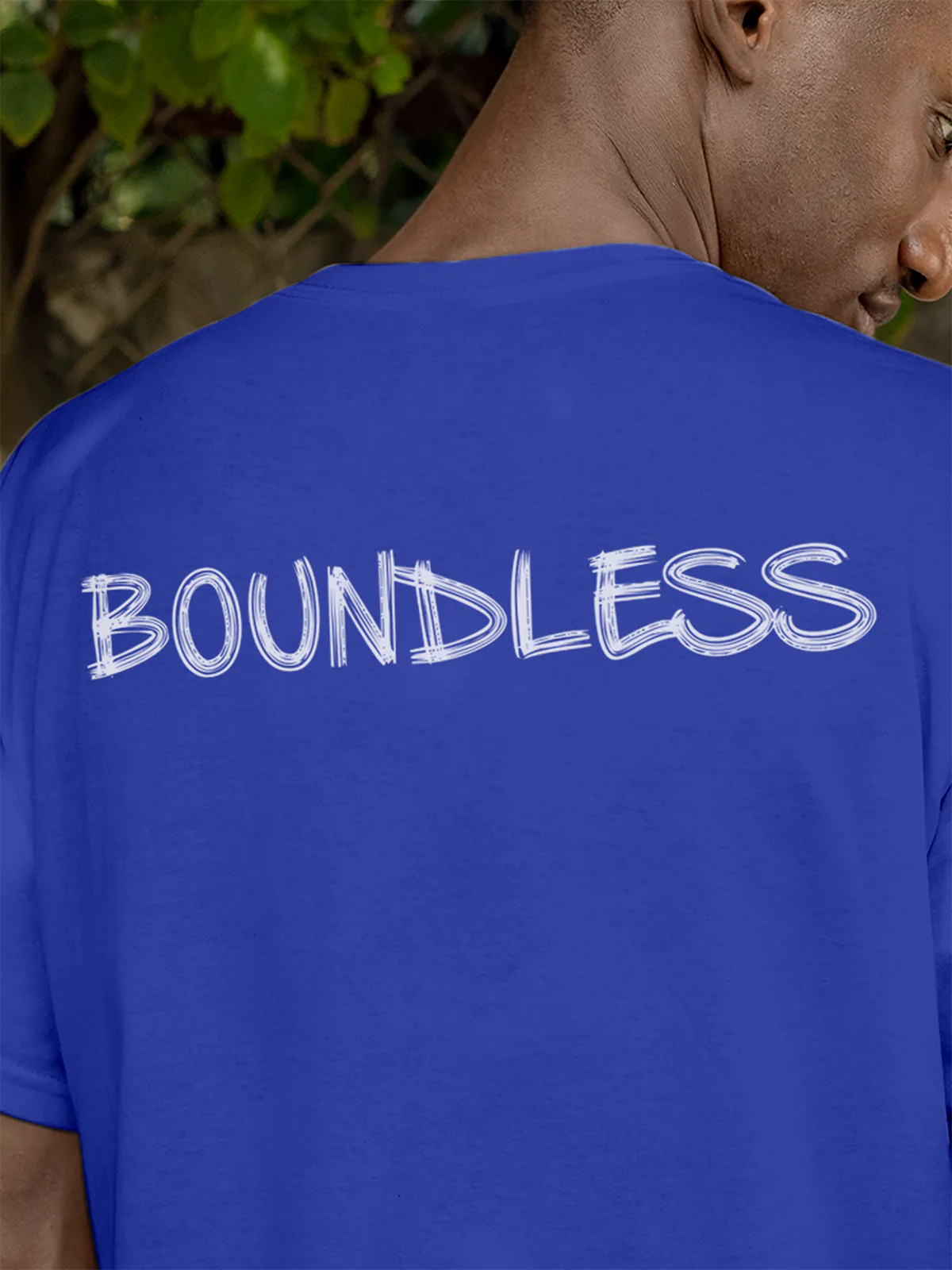 Close up of 'Boundless' design on Men's Blue Round Neck T-shirt, highlighting intricate details and vibrant print.