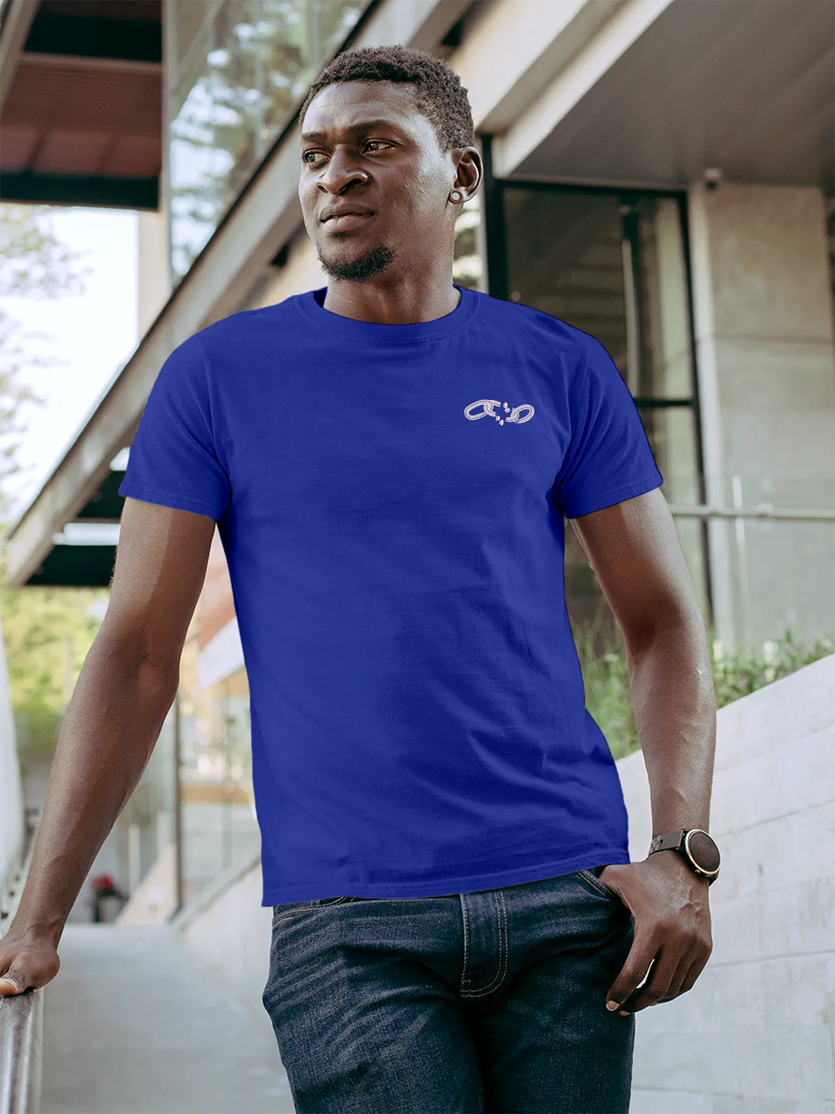 Front view of Fighterhero Men's Blue Round Neck T-shirt, highlighting the 'broken chains' design on the chest.