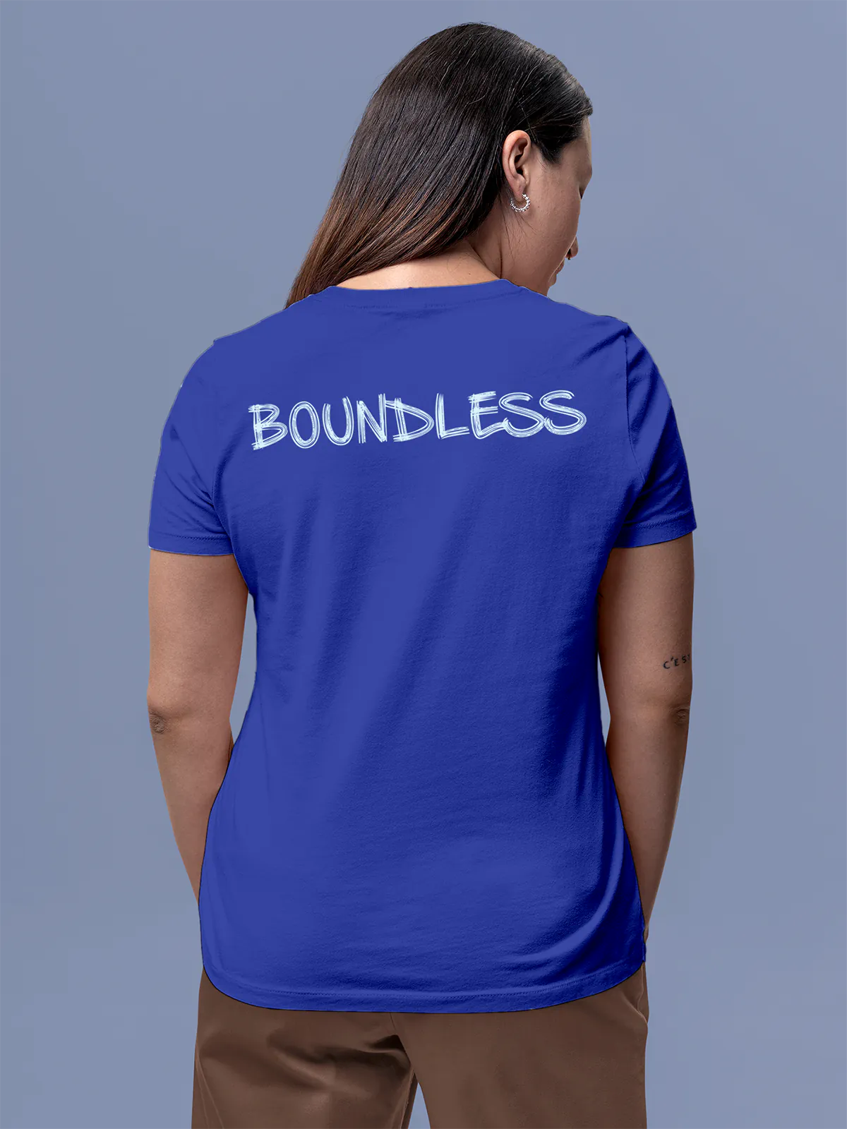 Fighterhero T-shirts: Model wearing Women's Blue Round Neck T-shirt with 'Boundless' design