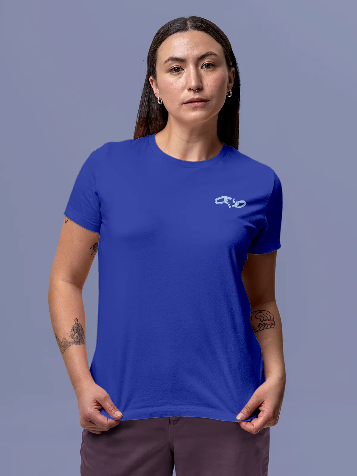 Front view of Fighterhero Women's Blue Round Neck T-shirt, highlighting the 'broken chains' design on the chest.