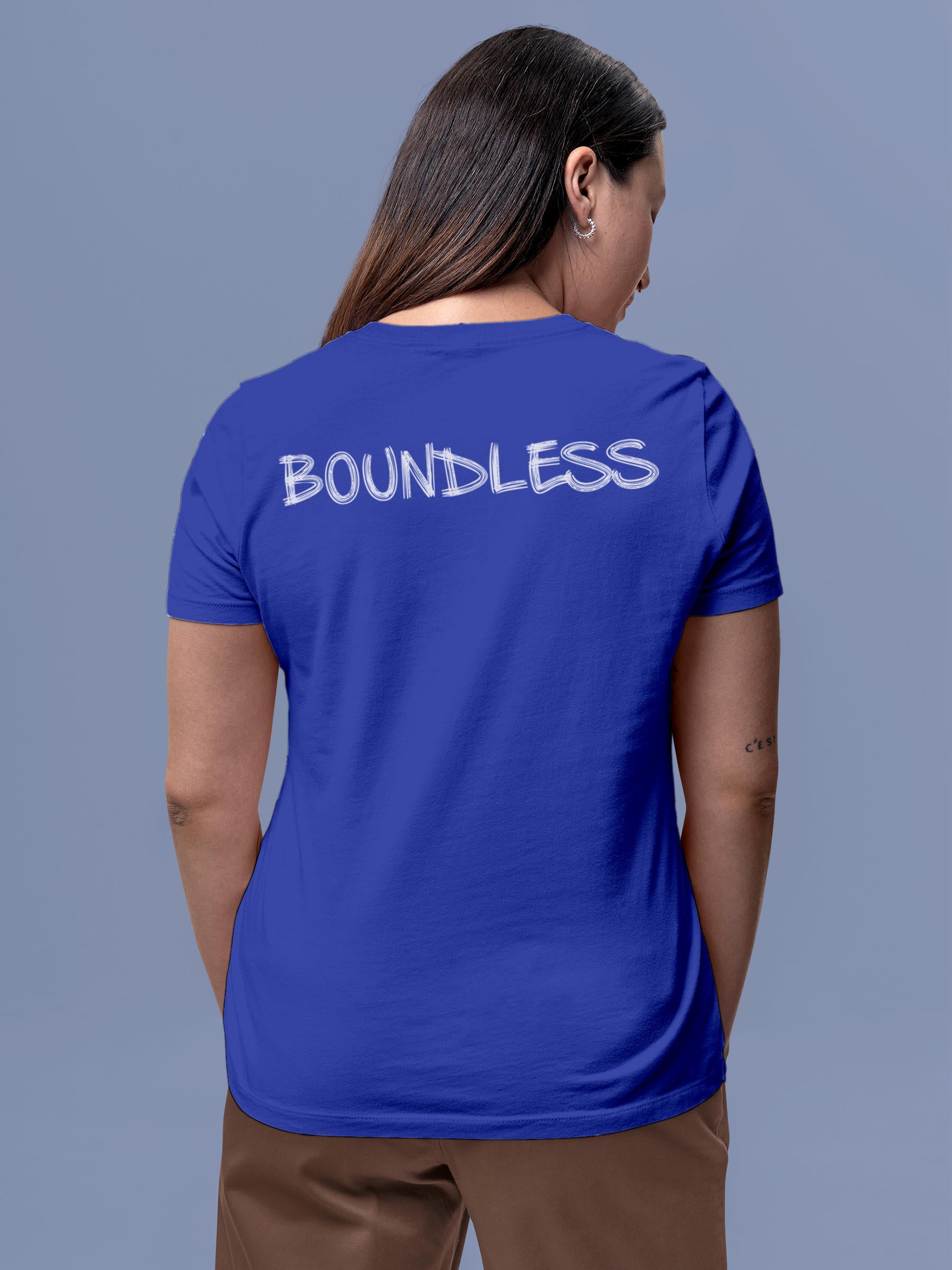 Model wearing Women's Blue Round Neck T-shirt with 'Boundless' design, offering effortless style and premium comfort