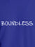 Close up of 'Boundless' design on Women's Blue Round Neck T-shirt, highlighting intricate details and vibrant print.