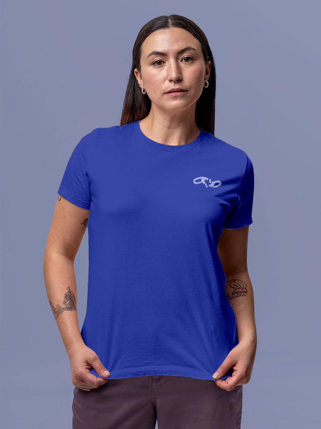 Front view of Fighterhero Women's Blue Round Neck T-shirt, highlighting the 'broken chains' design on the chest.