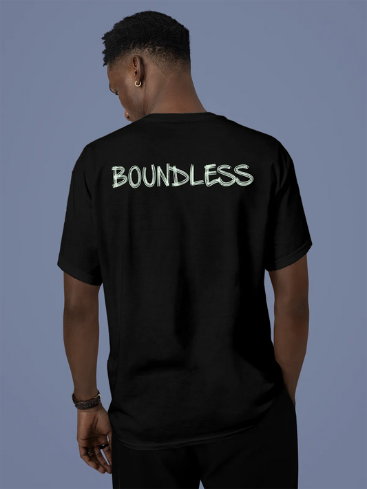 Fighterhero T-shirts: Model wearing Men's Black Round Neck T-shirt with 'Boundless' design