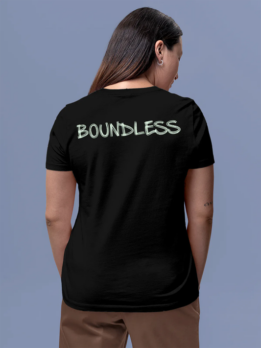 Fighterhero T-shirts: Model wearing Women's Black Round Neck T-shirt with 'Boundless' design