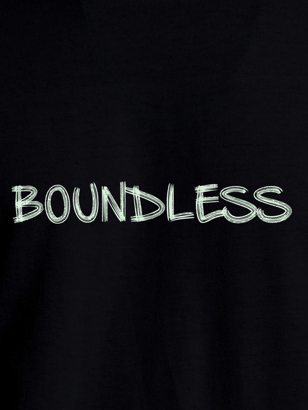 Close up of 'Boundless' design on Women's Black Round Neck T-shirt, highlighting intricate details and vibrant print.