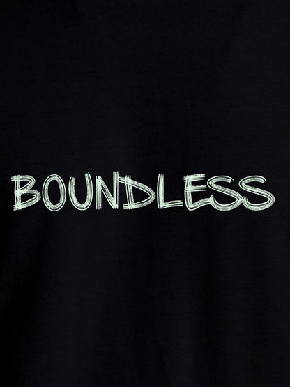 Close up of 'Boundless' design on Women's Black Round Neck T-shirt, highlighting intricate details and vibrant print.