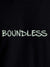 Close up of 'Boundless' design on Women's Black Round Neck T-shirt, highlighting intricate details and vibrant print.
