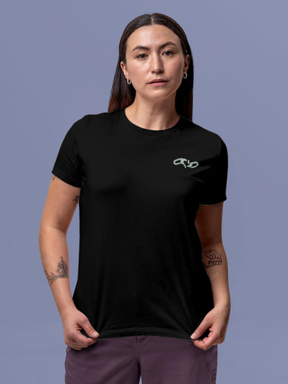 Front view of Fighterhero Women's Black Round Neck T-shirt, highlighting the 'broken chains' design on the chest.