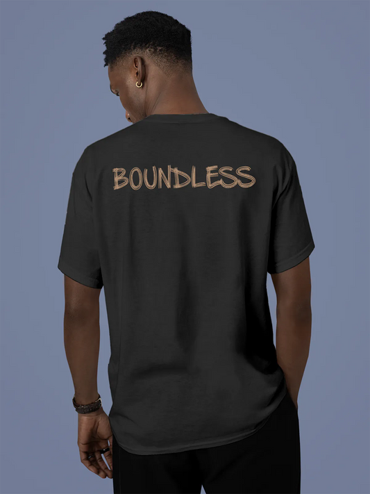 Fighterhero T-shirts: Model wearing Men's Dark Grey Round Neck T-shirt with 'Boundless' design