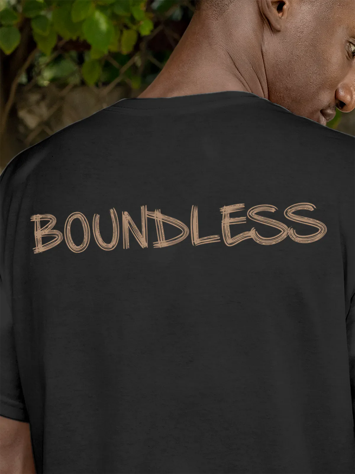 Close up of 'Boundless' design on Men's Dark Grey Round Neck T-shirt, highlighting intricate details and vibrant print.
