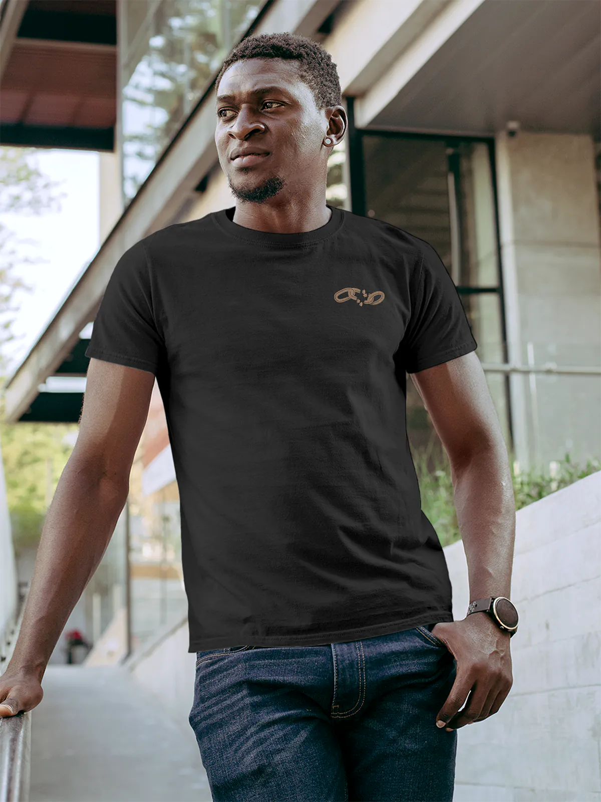 Front view of Fighterhero Men's Dark Grey Round Neck T-shirt, highlighting the 'broken chains' design on the chest.