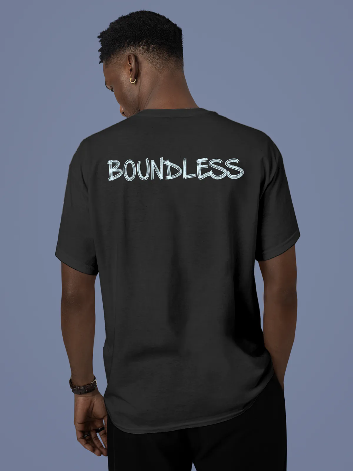 Model wearing Men's Dark Grey Round Neck T-shirt with 'Boundless' design, offering effortless style and premium comfort