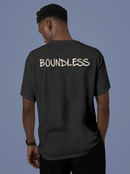 Model wearing Men's Dark Grey Round Neck T-shirt with 'Boundless' design, offering effortless style and premium comfort