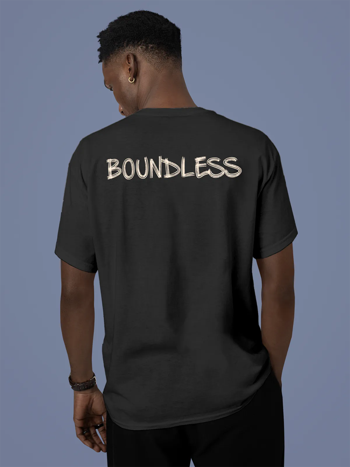 Model wearing Men's Dark Grey Round Neck T-shirt with 'Boundless' design, offering effortless style and premium comfort