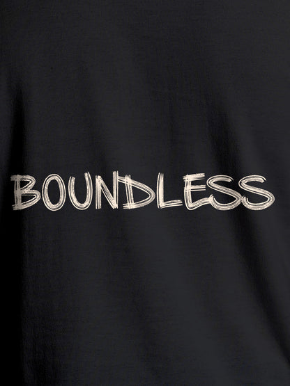 Close up of 'Boundless' design on Men's Dark Grey Round Neck T-shirt, highlighting intricate details and vibrant print.