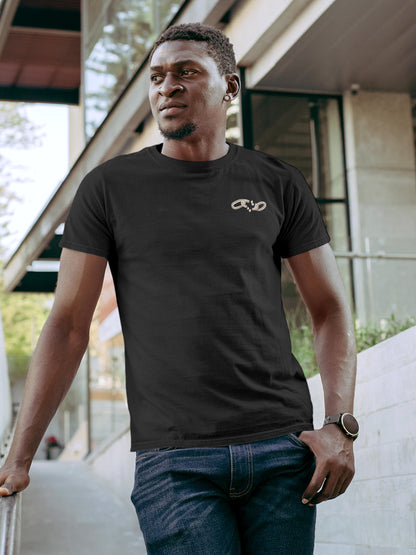 Front view of Fighterhero Men's Dark Grey Round Neck T-shirt, highlighting the 'broken chains' design on the chest.