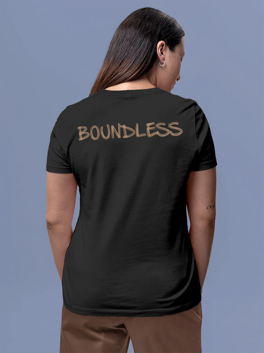 Fighterhero T-shirts: Model wearing Women's Dark Grey Round Neck T-shirt with 'Boundless' design